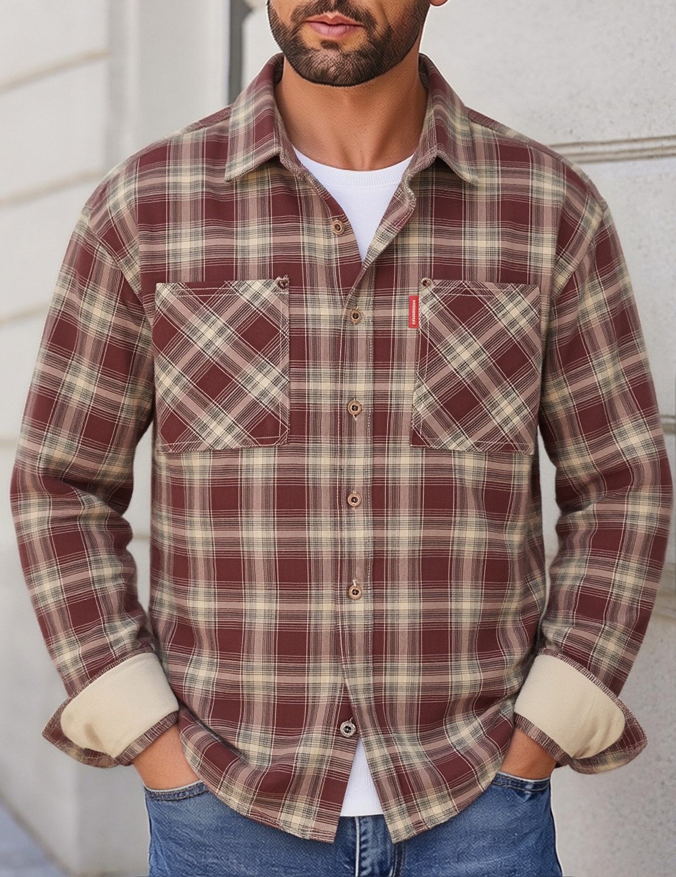Plaid Shirt Men's GorgeousBen Retro Washed Cotton Loose Fit Long Sleeve Casual Top