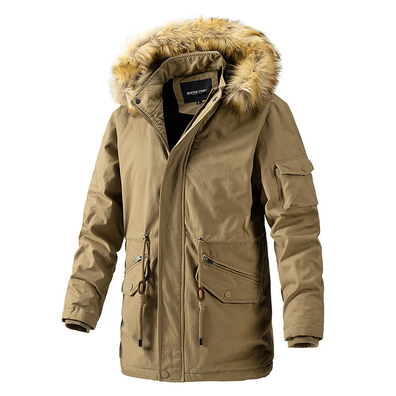 Long Washed Jacket for Autumn and Winter, Men's Fleece-Lined Casual Cotton Coat, Foreign Trade Men's Clothing Manufacturer Wholesale, Hooded Stand Collar