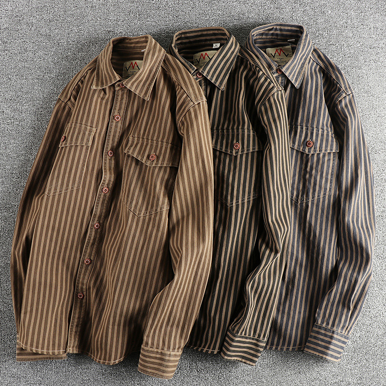 Real shot American retro trend striped men's long sleeve shirt woven cotton washed comfortable casual overcoat