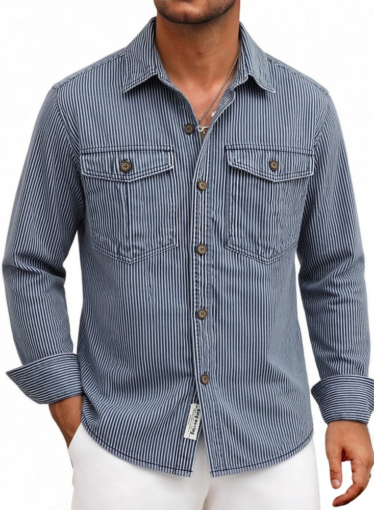 Yarn-dyed Stripesd Fabric Washed and Distressed Retro Workwear Denim Shirt Men's European and American Style Trendyy Casual Shirt Jacket