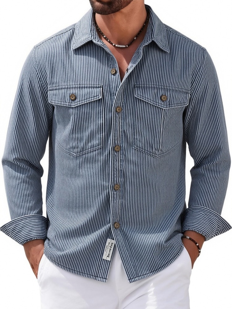 Yarn-dyed Stripesd Fabric Washed and Distressed Retro Workwear Denim Shirt Men's European and American Style Trendyy Casual Shirt Jacket