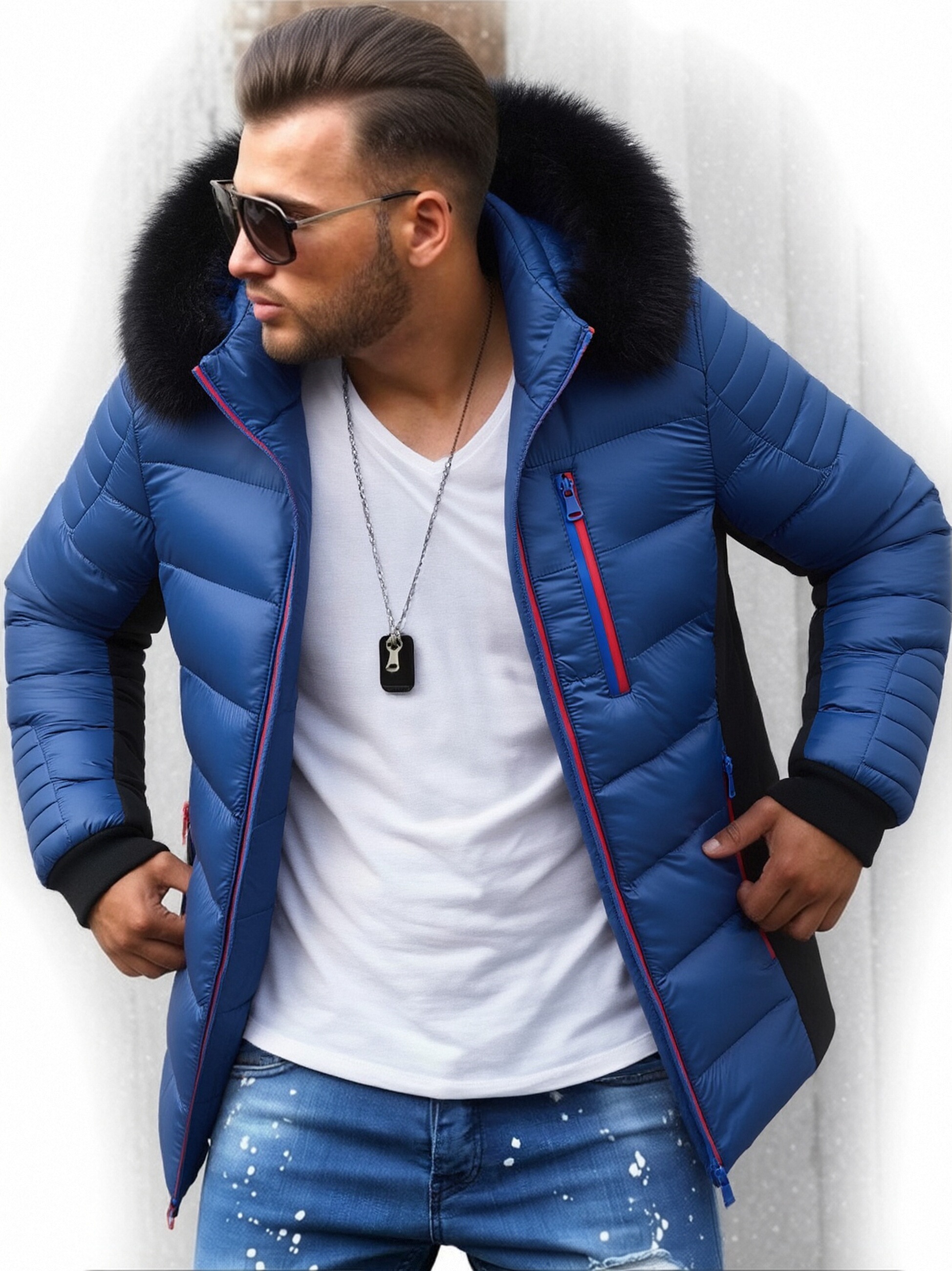 Puffer Jacket Men's GorgeousBen Winter Detachable Fur Hood Slim Fit Warm Casual Coat