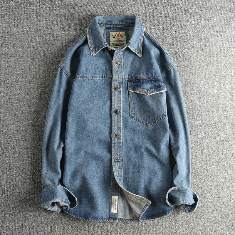 Personalized Splicing Design Ami Khaki Retro Denim Shirt for Men, Washed and Distressed New Trendyy Shirt Jacket