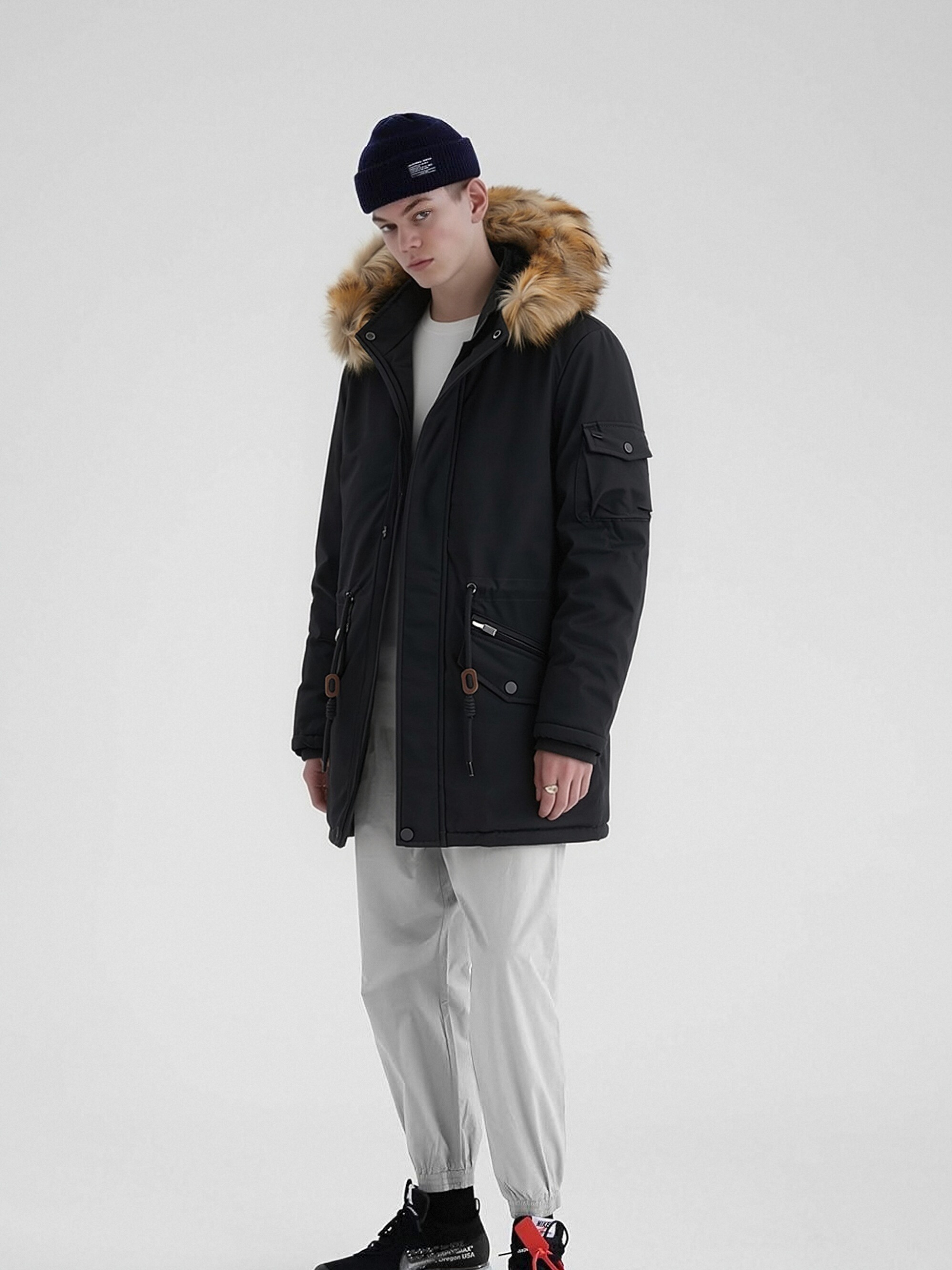 Parka Jacket Men's GorgeousBen Winter Fur Hooded Cotton Blend Slim Fit Warm Coat