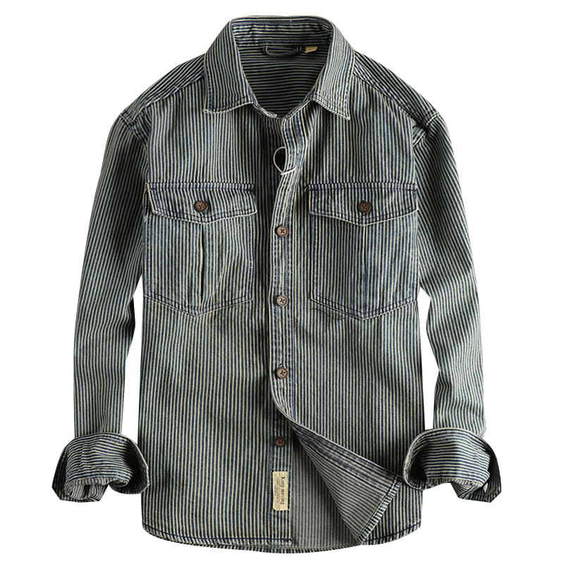 Yarn-dyed Stripesd Fabric Washed and Distressed Retro Workwear Denim Shirt Men's European and American Style Trendyy Casual Shirt Jacket