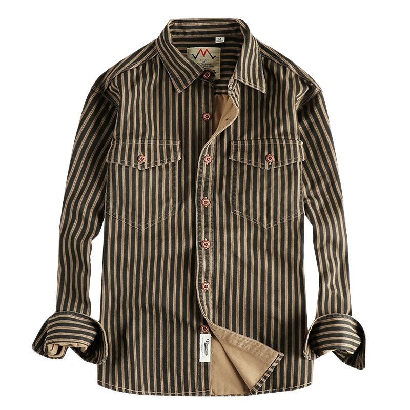 Real shot American retro trend striped men's long sleeve shirt woven cotton washed comfortable casual overcoat