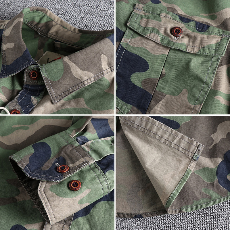 Washed Camouflage American Style Workwear Long-sleeved Shirt Men's Double Pocket All-match Casual Military Youth Top