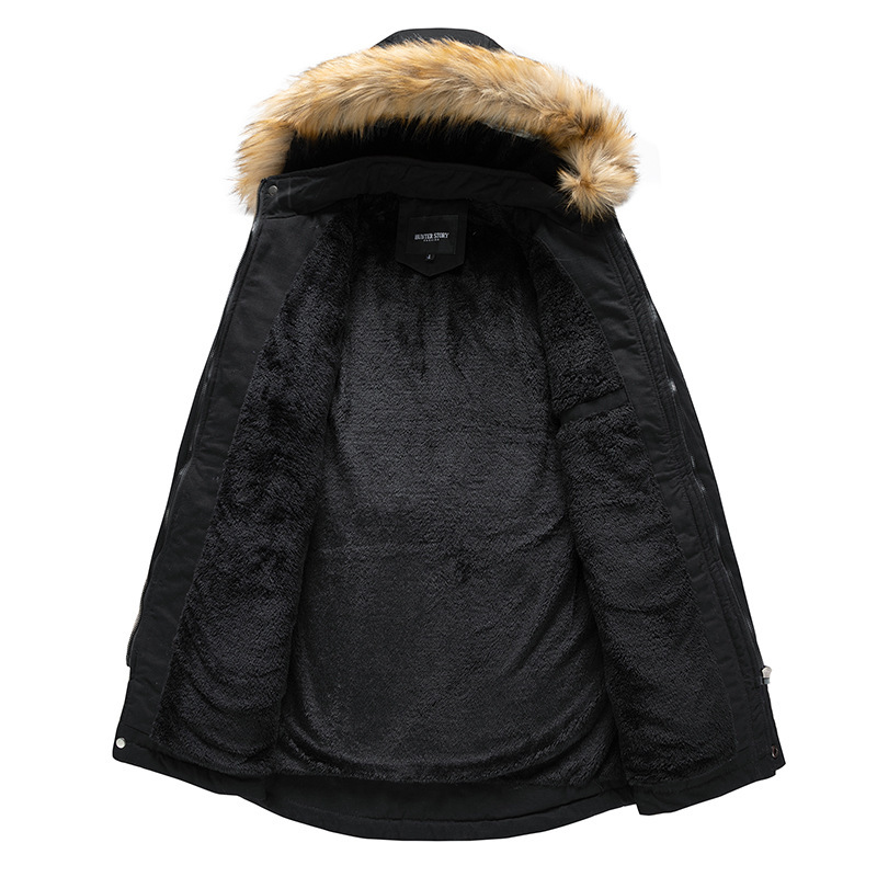 Long Washed Jacket for Autumn and Winter, Men's Fleece-Lined Casual Cotton Coat, Foreign Trade Men's Clothing Manufacturer Wholesale, Hooded Stand Collar