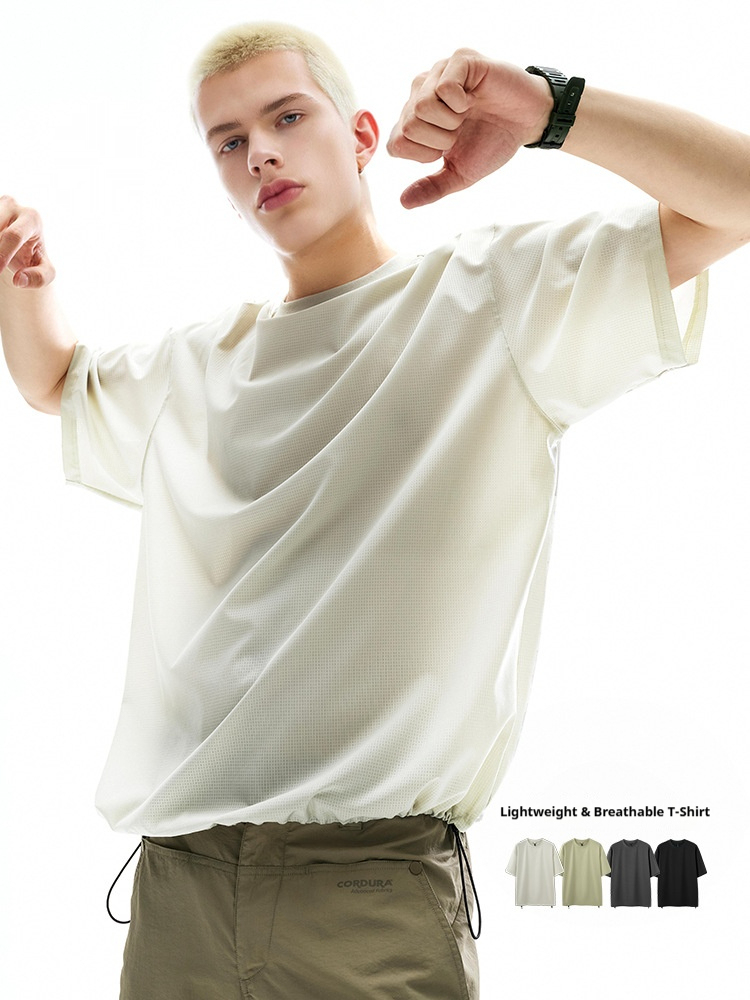 GorgeousBen Men's Quick Dry Mesh T-Shirt, Lightweight Breathable, Loose Fit, Drawstring Hem, S-XL, for Summer Casual & Outdoor Wear