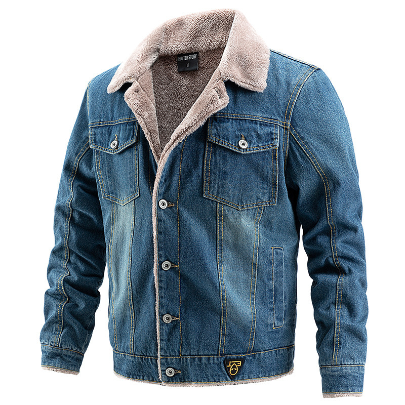 Cross-Border European and American Style Men's Denim Jacket, Fleece-Lined, Thickened, Large Size, Foreign Trade Men's Clothing, Autumn and Winter Trendy Outerwear, Stand Collar