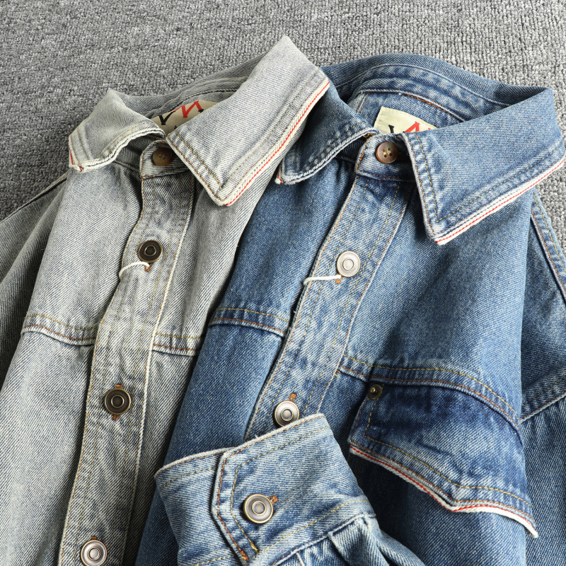 Personalized Splicing Design Ami Khaki Retro Denim Shirt for Men, Washed and Distressed New Trendyy Shirt Jacket