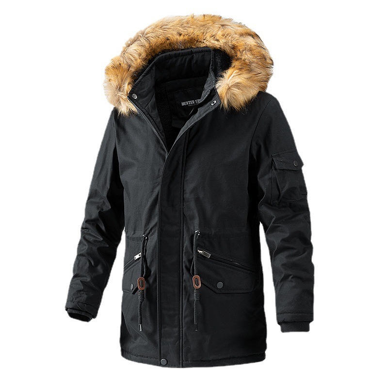 Long Washed Jacket for Autumn and Winter, Men's Fleece-Lined Casual Cotton Coat, Foreign Trade Men's Clothing Manufacturer Wholesale, Hooded Stand Collar