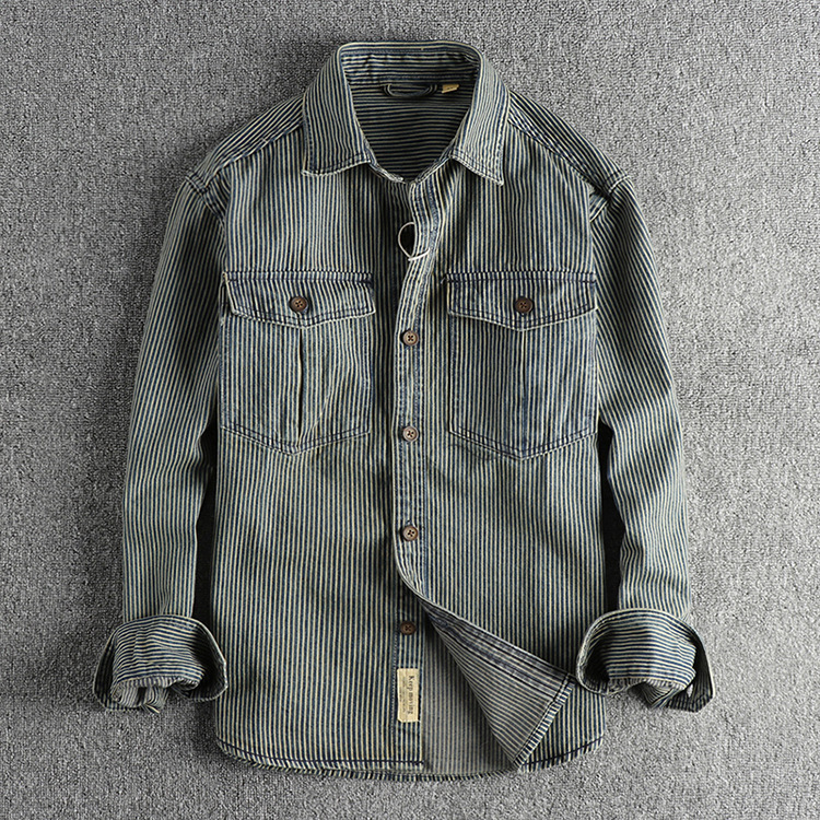 Yarn-dyed Stripesd Fabric Washed and Distressed Retro Workwear Denim Shirt Men's European and American Style Trendyy Casual Shirt Jacket