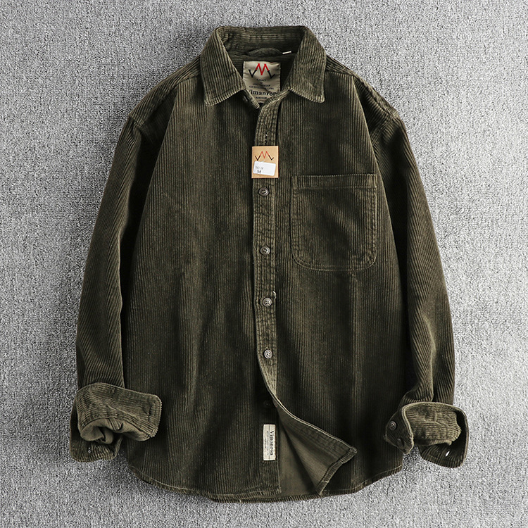 A Small Amount of Custom-woven Cotton Corduroy Washed Long-sleeved Shirt Men's American Khaki Trendyy Single Flap Pocket Pants Shirt Jacket