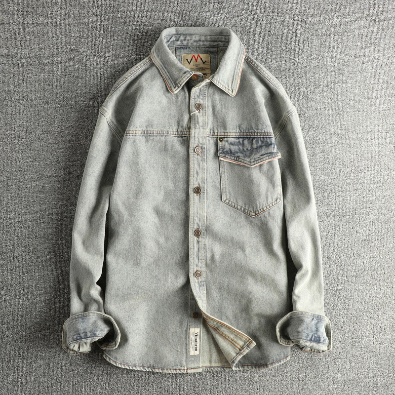 Personalized Splicing Design Ami Khaki Retro Denim Shirt for Men, Washed and Distressed New Trendyy Shirt Jacket