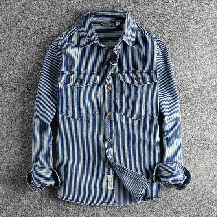 Yarn-dyed Stripesd Fabric Washed and Distressed Retro Workwear Denim Shirt Men's European and American Style Trendyy Casual Shirt Jacket