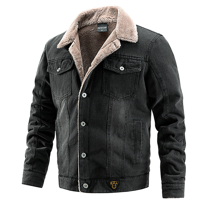 Cross-Border European and American Style Men's Denim Jacket, Fleece-Lined, Thickened, Large Size, Foreign Trade Men's Clothing, Autumn and Winter Trendy Outerwear, Stand Collar