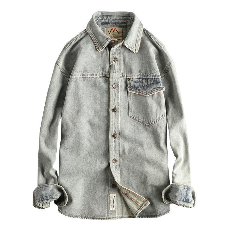 Personalized Splicing Design Ami Khaki Retro Denim Shirt for Men, Washed and Distressed New Trendyy Shirt Jacket