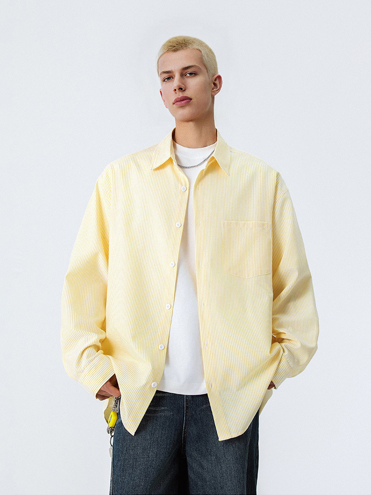 GorgeousBen Men’s Loose Fit Striped Button-Down Shirt, Windproof Color Block Casual Long Sleeve Top for Spring Autumn, Sizes XS-2XL
