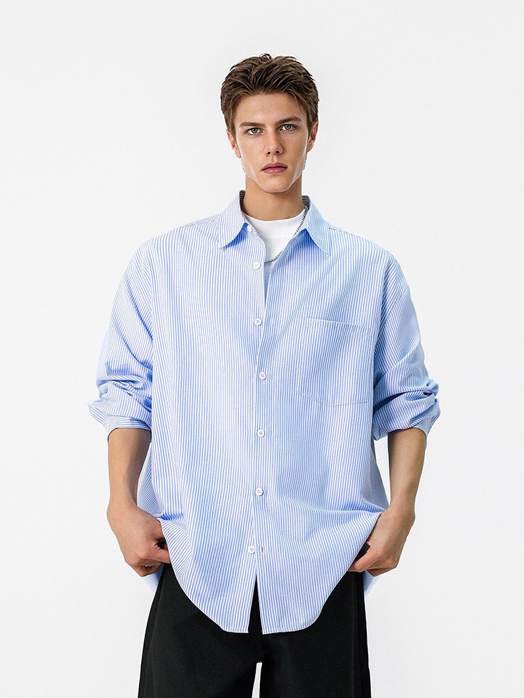 GorgeousBen Men’s Loose Fit Striped Button-Down Shirt, Windproof Color Block Casual Long Sleeve Top for Spring Autumn, Sizes XS-2XL