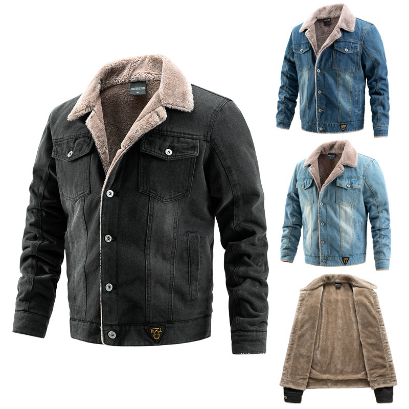 Cross-Border European and American Style Men's Denim Jacket, Fleece-Lined, Thickened, Large Size, Foreign Trade Men's Clothing, Autumn and Winter Trendy Outerwear, Stand Collar