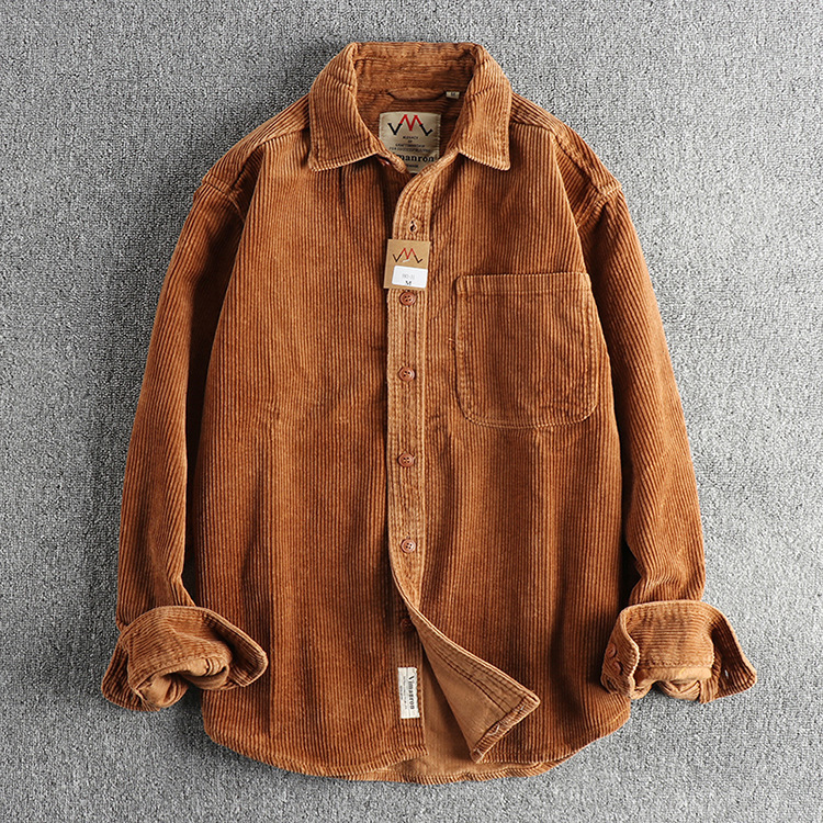 A Small Amount of Custom-woven Cotton Corduroy Washed Long-sleeved Shirt Men's American Khaki Trendyy Single Flap Pocket Pants Shirt Jacket