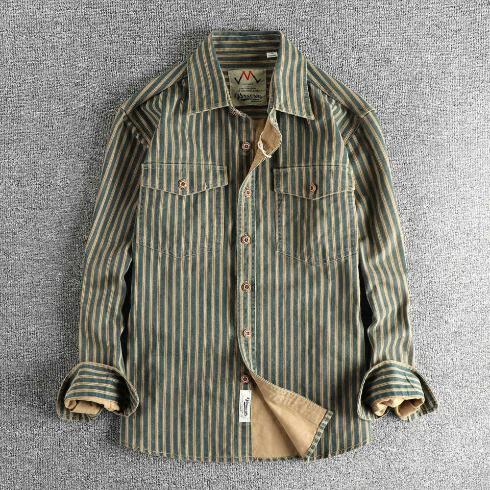 Real shot American retro trend striped men's long sleeve shirt woven cotton washed comfortable casual overcoat