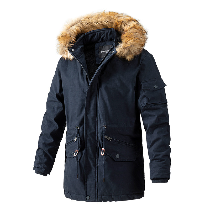 Long Washed Jacket for Autumn and Winter, Men's Fleece-Lined Casual Cotton Coat, Foreign Trade Men's Clothing Manufacturer Wholesale, Hooded Stand Collar
