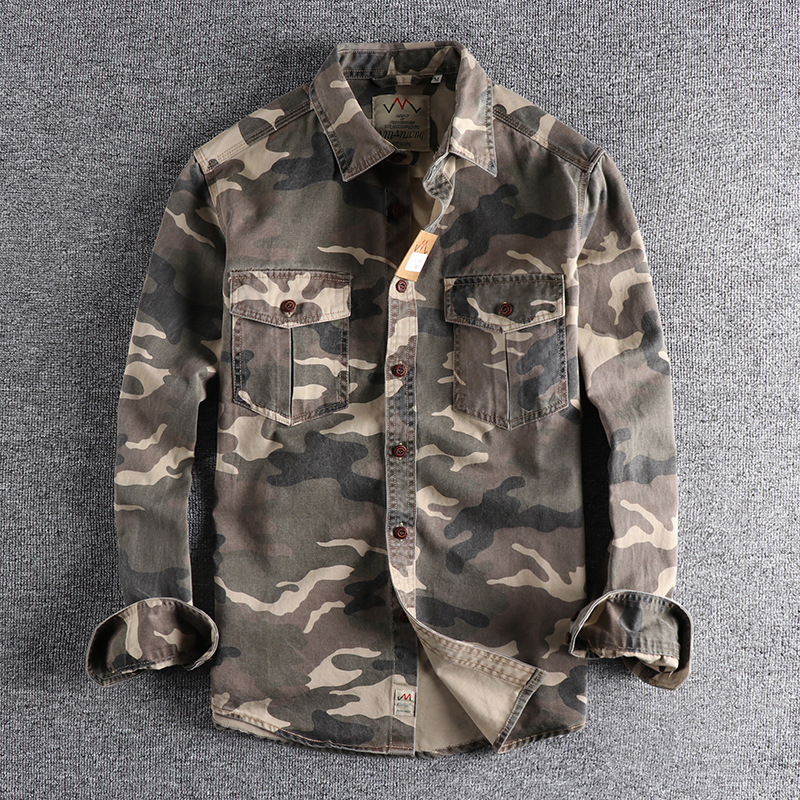 Washed Camouflage American Style Workwear Long-sleeved Shirt Men's Double Pocket All-match Casual Military Youth Top