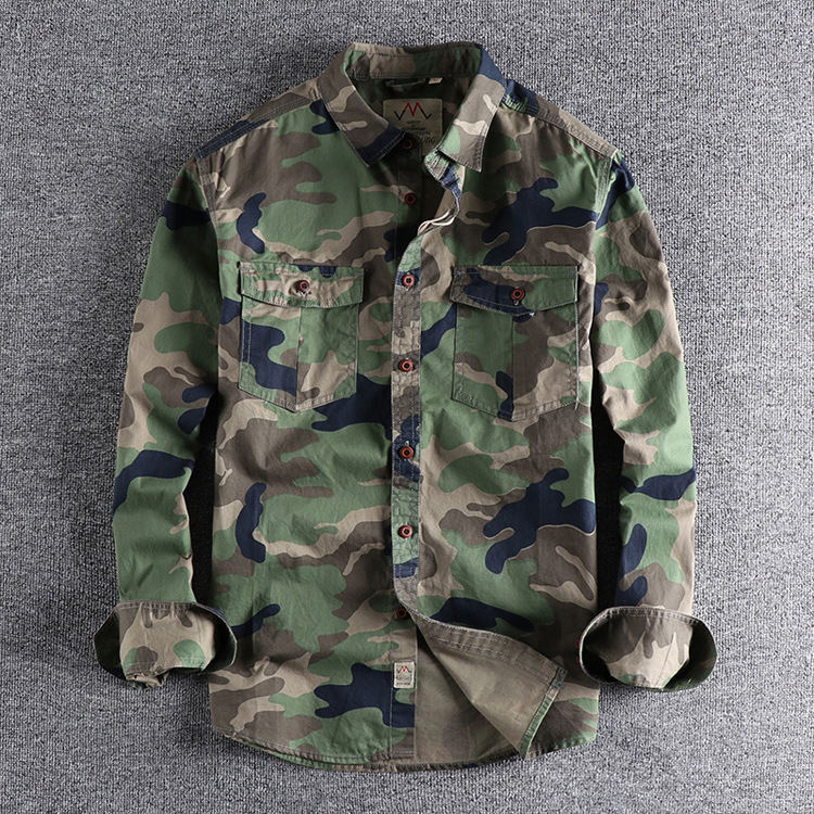 Washed Camouflage American Style Workwear Long-sleeved Shirt Men's Double Pocket All-match Casual Military Youth Top