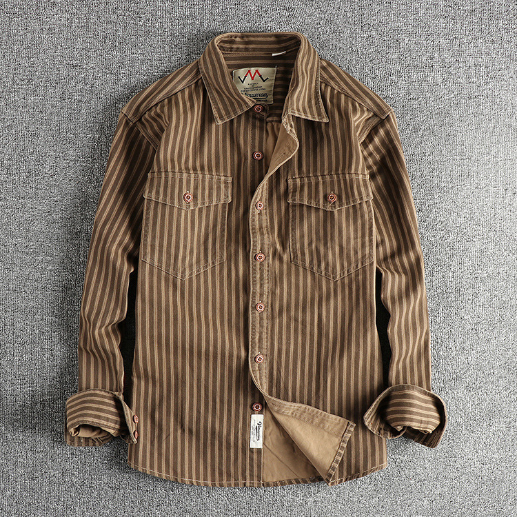 Real shot American retro trend striped men's long sleeve shirt woven cotton washed comfortable casual overcoat