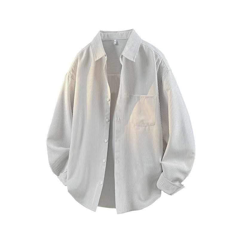 GorgeousBen Men’s Loose Fit Striped Button-Down Shirt, Windproof Color Block Casual Long Sleeve Top for Spring Autumn, Sizes XS-2XL