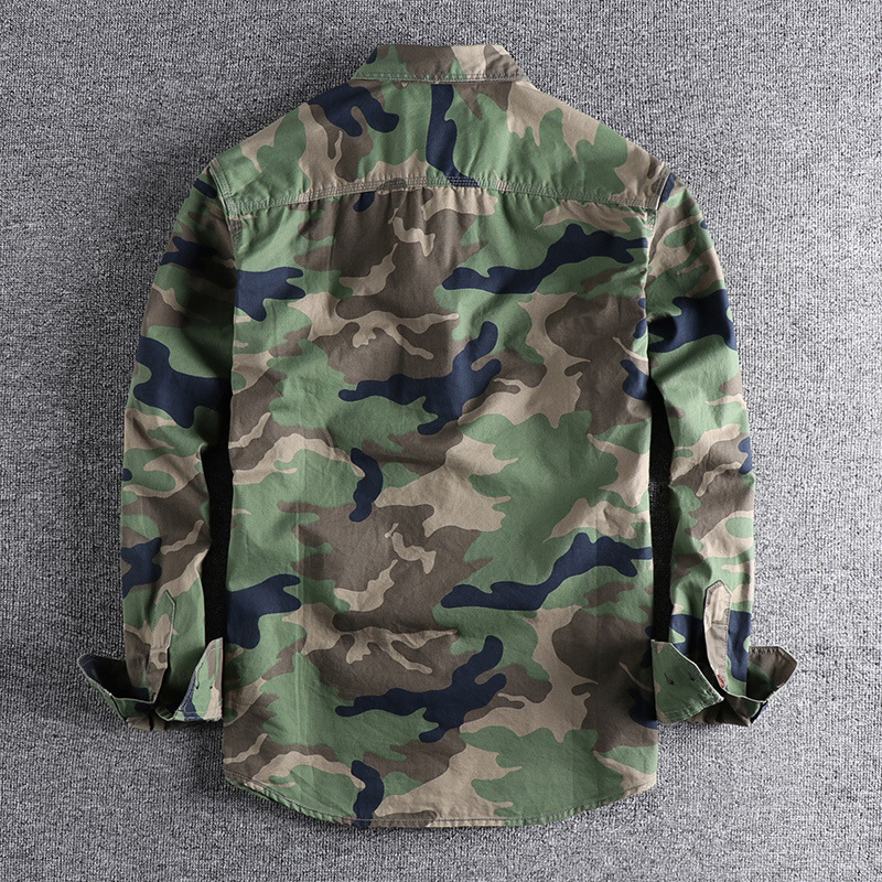 Washed Camouflage American Style Workwear Long-sleeved Shirt Men's Double Pocket All-match Casual Military Youth Top