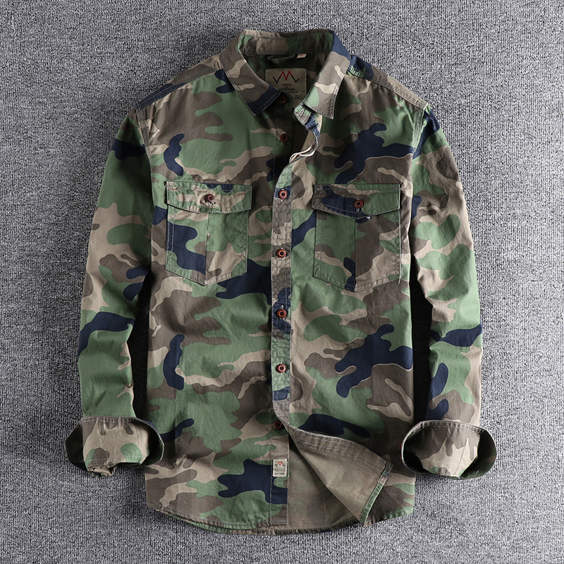 Washed Camouflage American Style Workwear Long-sleeved Shirt Men's Double Pocket All-match Casual Military Youth Top