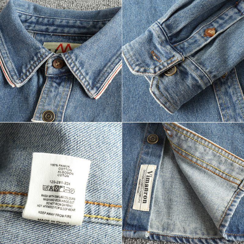 Personalized Splicing Design Ami Khaki Retro Denim Shirt for Men, Washed and Distressed New Trendyy Shirt Jacket