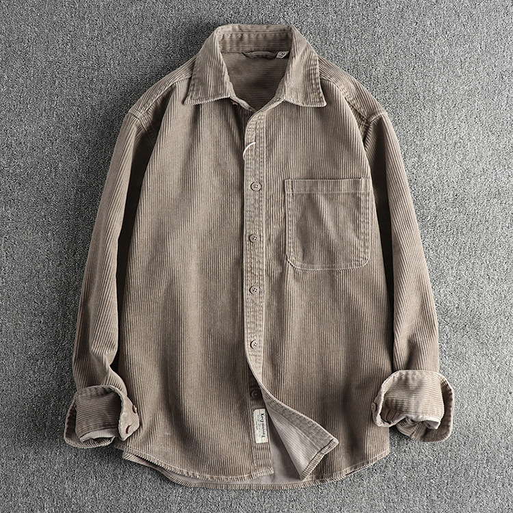 A Small Amount of Custom-woven Cotton Corduroy Washed Long-sleeved Shirt Men's American Khaki Trendyy Single Flap Pocket Pants Shirt Jacket