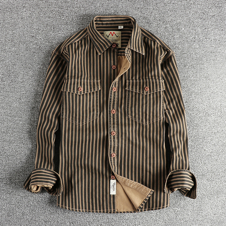 Real shot American retro trend striped men's long sleeve shirt woven cotton washed comfortable casual overcoat
