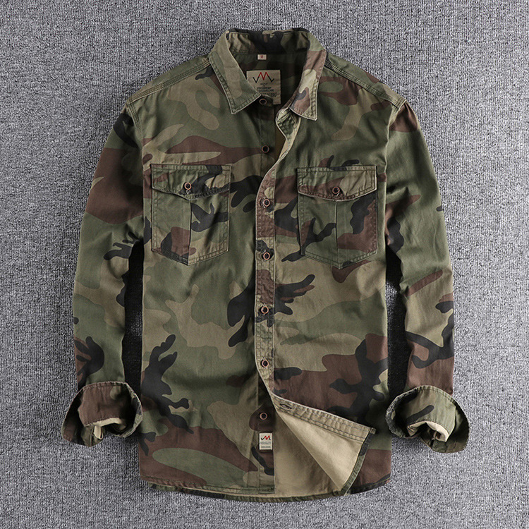 Washed Camouflage American Style Workwear Long-sleeved Shirt Men's Double Pocket All-match Casual Military Youth Top