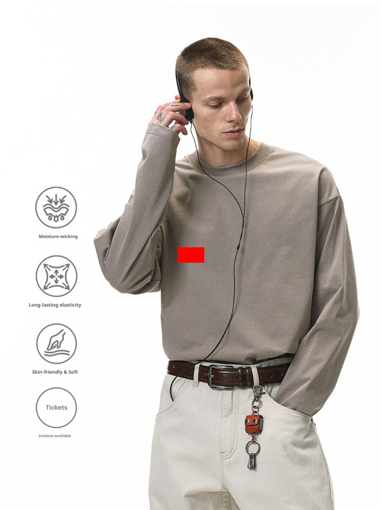 GorgeousBen Men's 260G Heavyweight Sorona Long Sleeve T-Shirt, Oversized Streetwear Crewneck Tee, Breathable Casual Base Layer, S-2XL