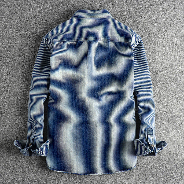 Yarn-dyed Stripesd Fabric Washed and Distressed Retro Workwear Denim Shirt Men's European and American Style Trendyy Casual Shirt Jacket