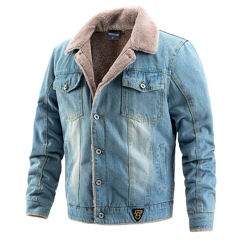 Cross-Border European and American Style Men's Denim Jacket, Fleece-Lined, Thickened, Large Size, Foreign Trade Men's Clothing, Autumn and Winter Trendy Outerwear, Stand Collar