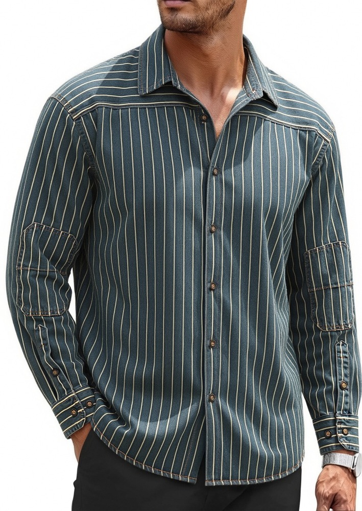 Heavy washed retro blue striped denim shirt men's amekaji trendy thick shirt coat top