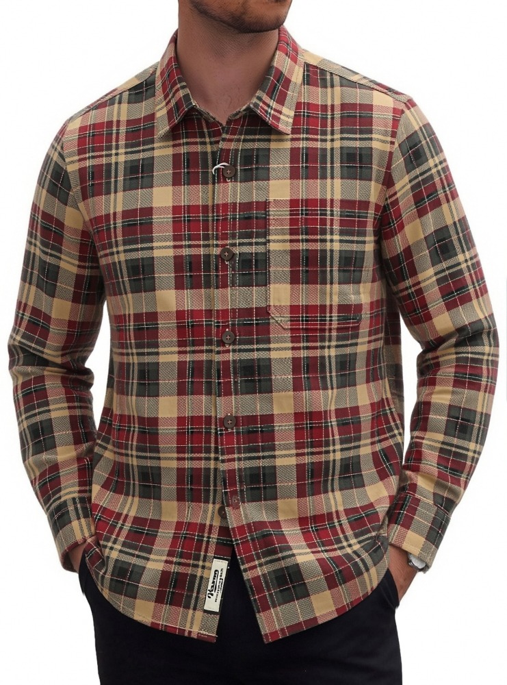 GorgeousBen Men's Washed Vintage Plaid Loose Long Sleeve Casual Button Down Shirt中文翻译：GorgeousBen