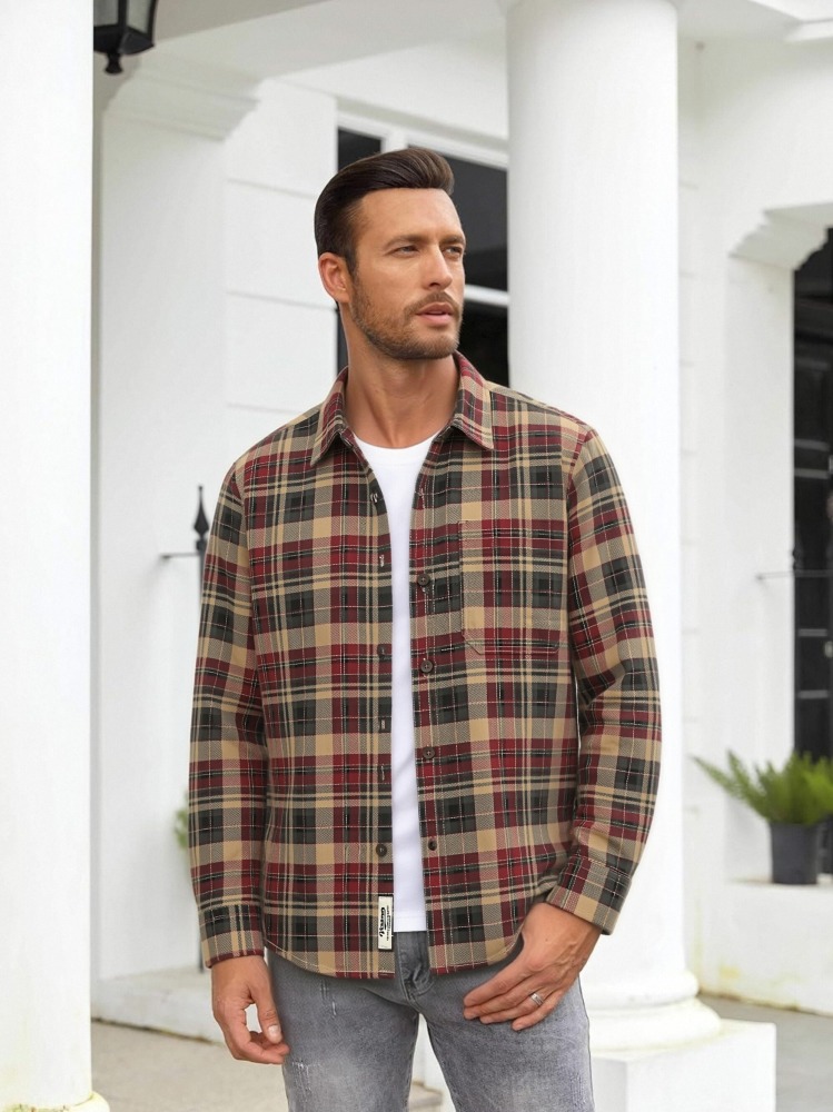 GorgeousBen Men's Washed Vintage Plaid Loose Long Sleeve Casual Button Down Shirt中文翻译：GorgeousBen