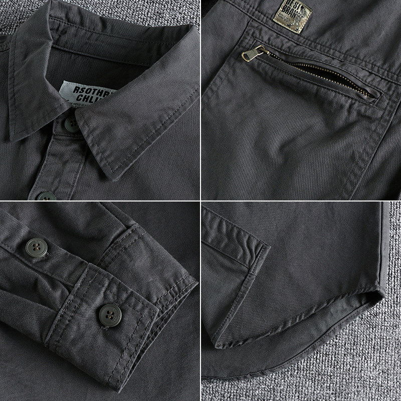 Heavy Washed Distressed Retro Simple Men's Work Shirt Long-sleeved Three-dimensional Cut Loose All-match Fashionable Youth Jacket