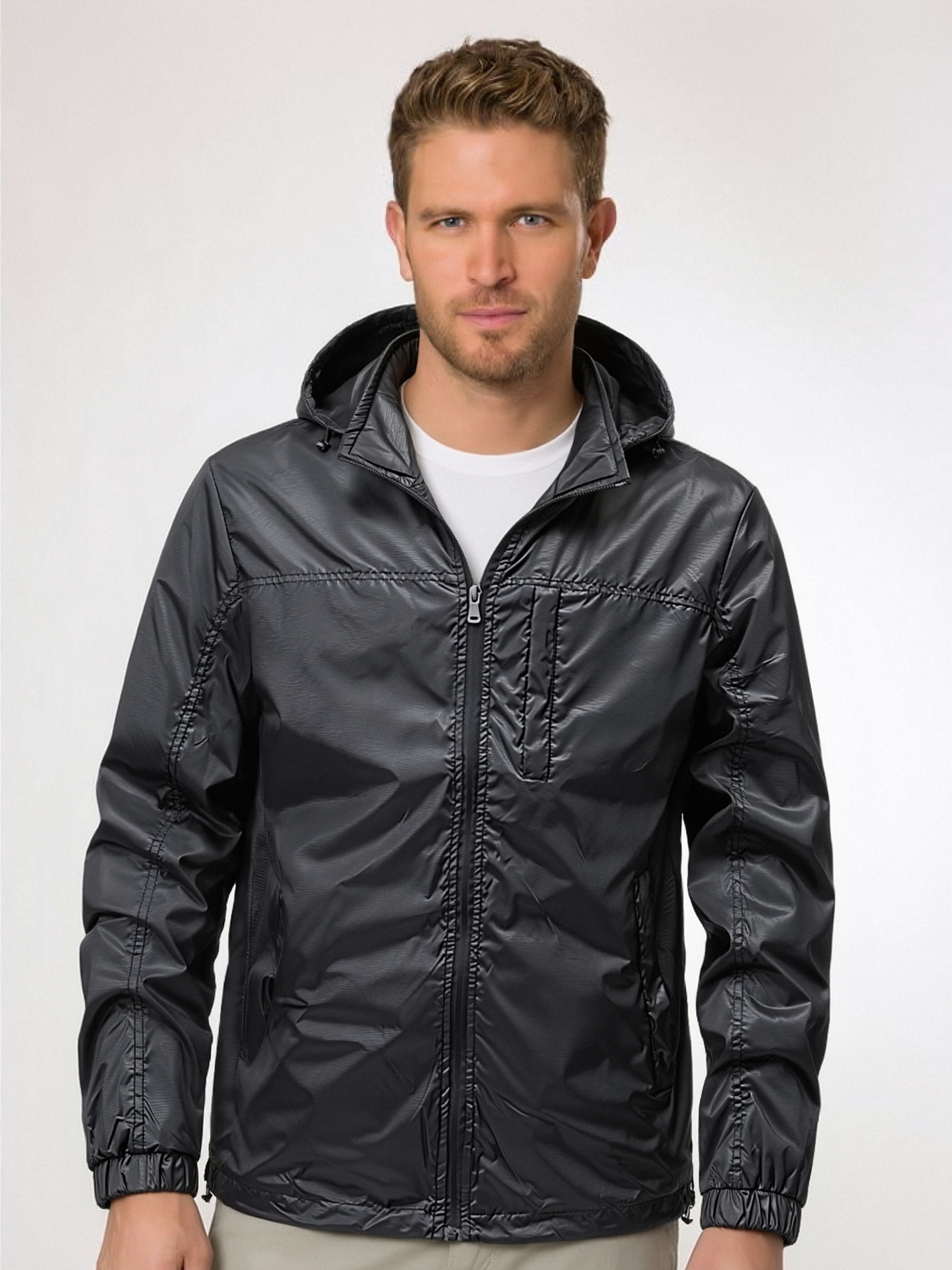Cross-Border Spring and Autumn Thin Jacket for Men, Single-Layer Trendy Brand Hooded Windbreaker, Outdoor Breathable Street Style American Men's Jacket
