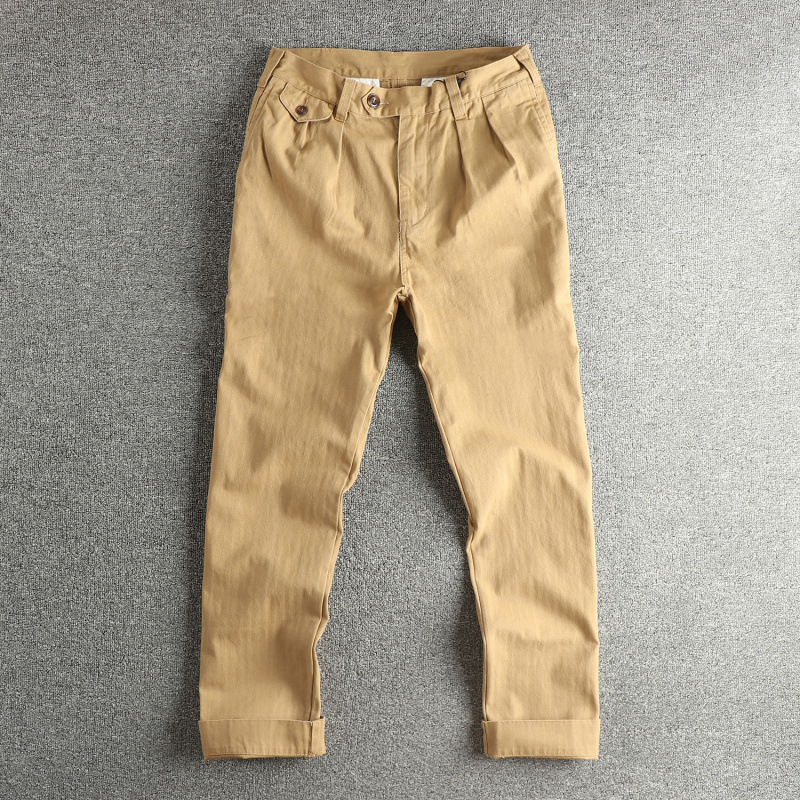 Fishbone Pattern Woven Cotton Fabric Pleated Design Retro Trendy Men's Casual Pants Loose Straight Trendy Cargo Pants