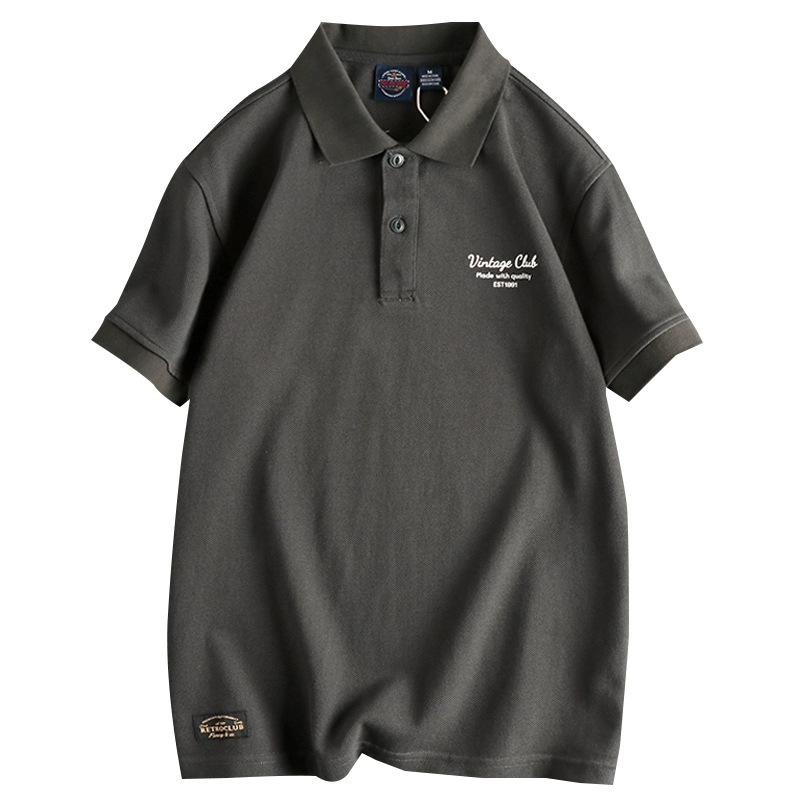 280G pearl cotton fabric British retro trend men's polo shirt stiff youth lapel short sleeve T-shirt