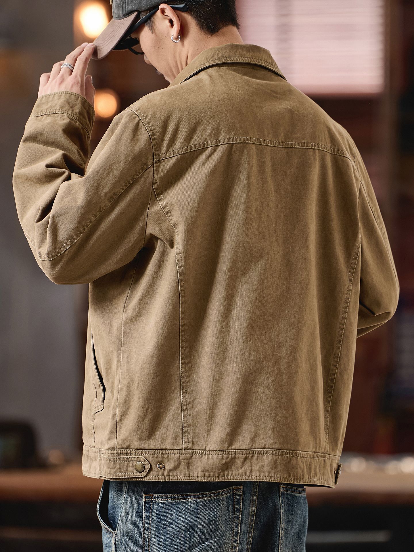 Retro worn looking washed-out workwear jacket men's loose lapels casual jacket spring and autumn solid color versatile top