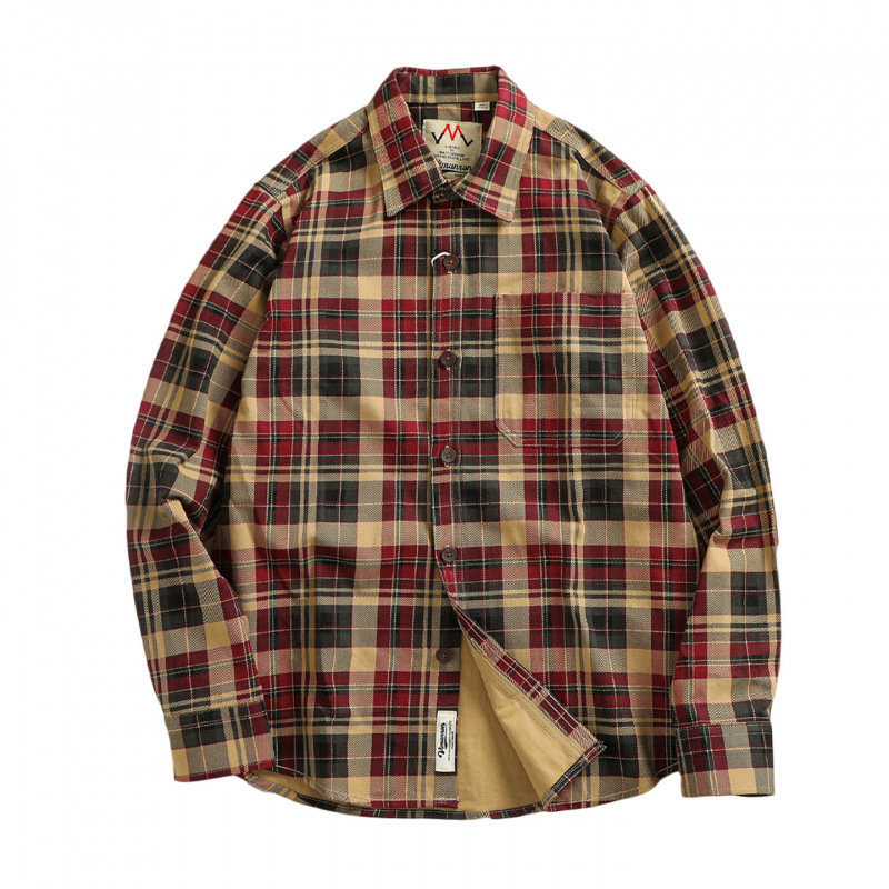 Heavy and thick washed distressed trendy plaid long-sleeved shirt men's simple pocket American casual overshirt